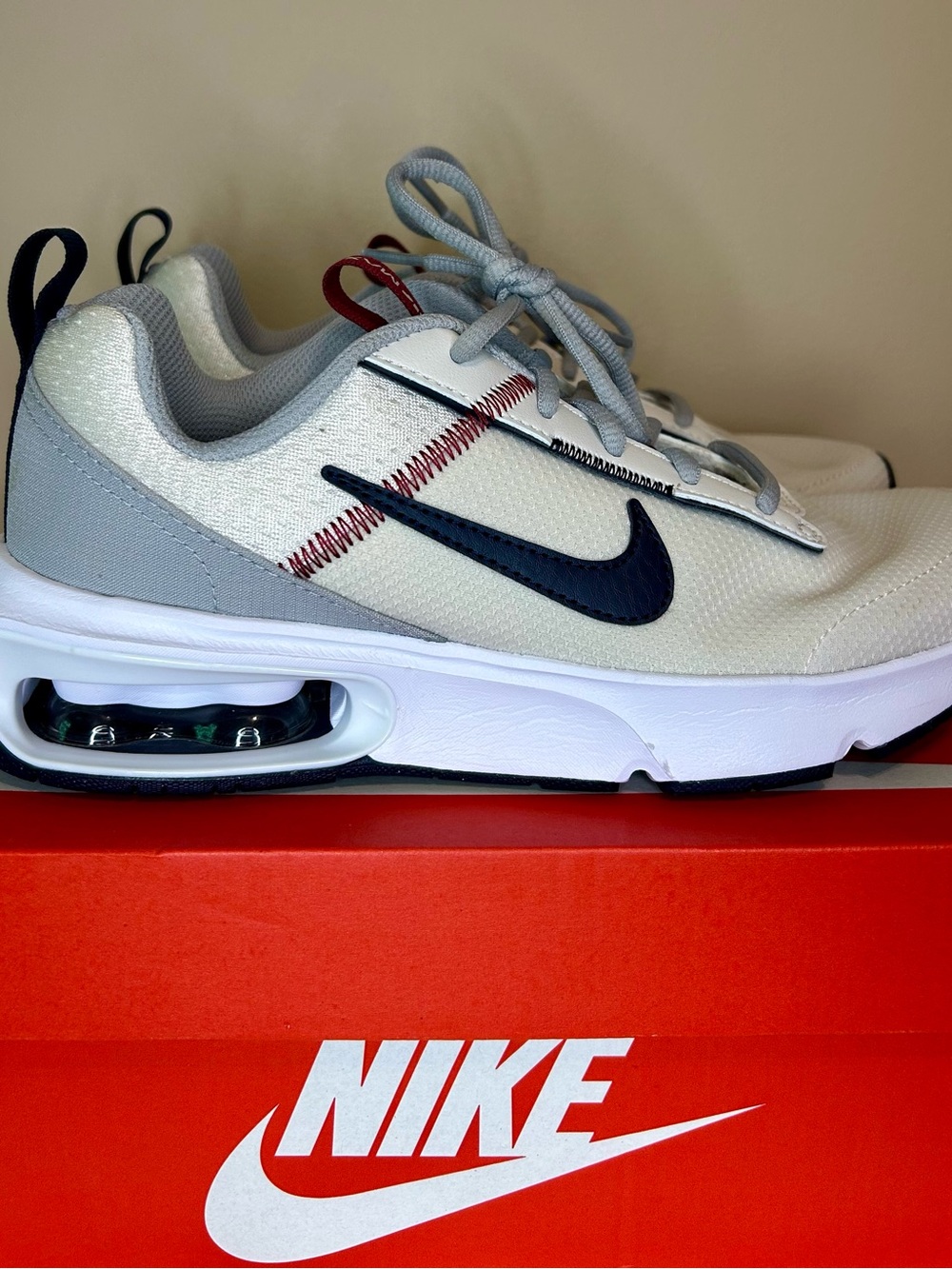 Nike Air Max Cream Mesh Sneakers with Navy Swoosh and Gray Accents